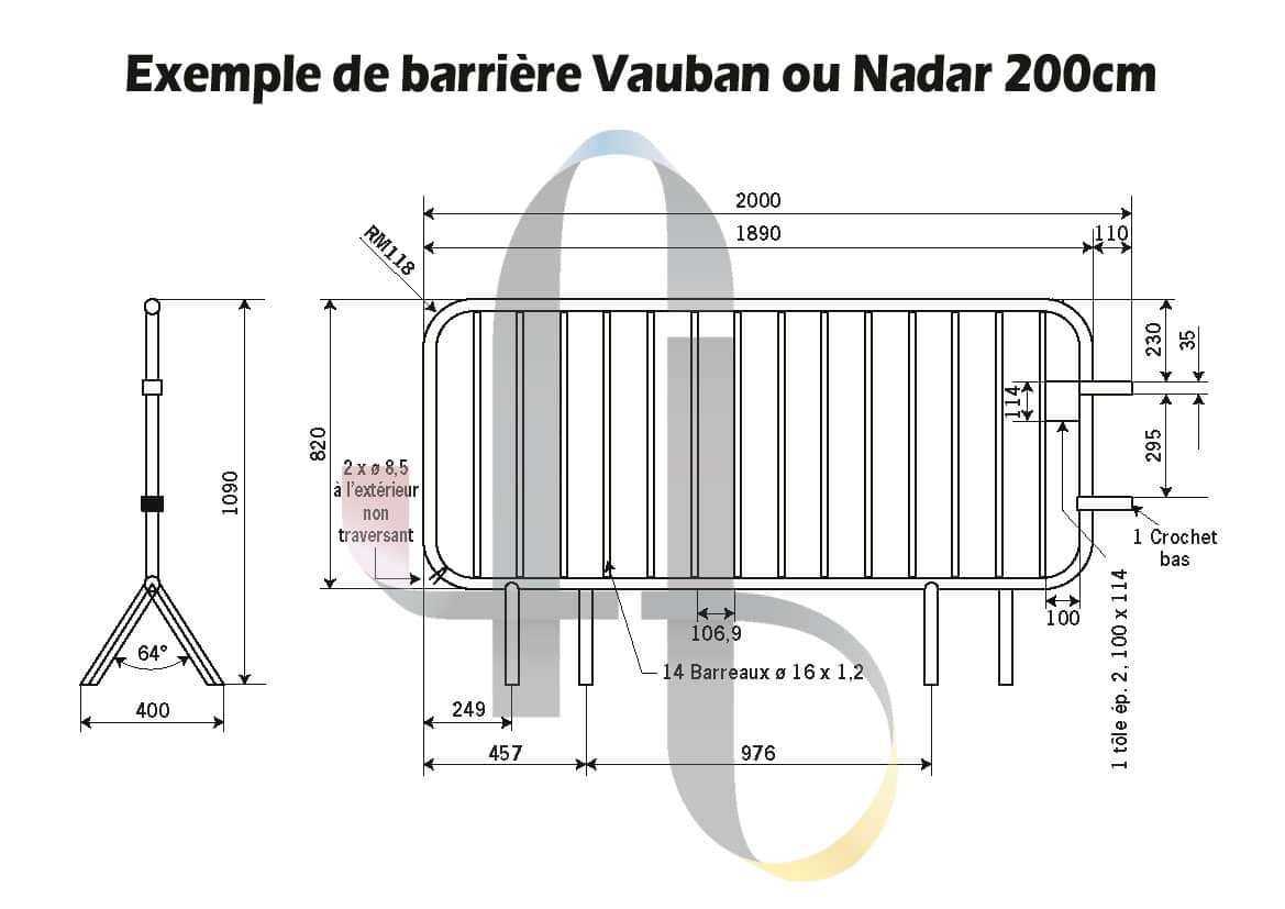description complète tailles et hauteurs d'une barrière Vauban ou Nadar soit 200cm de long